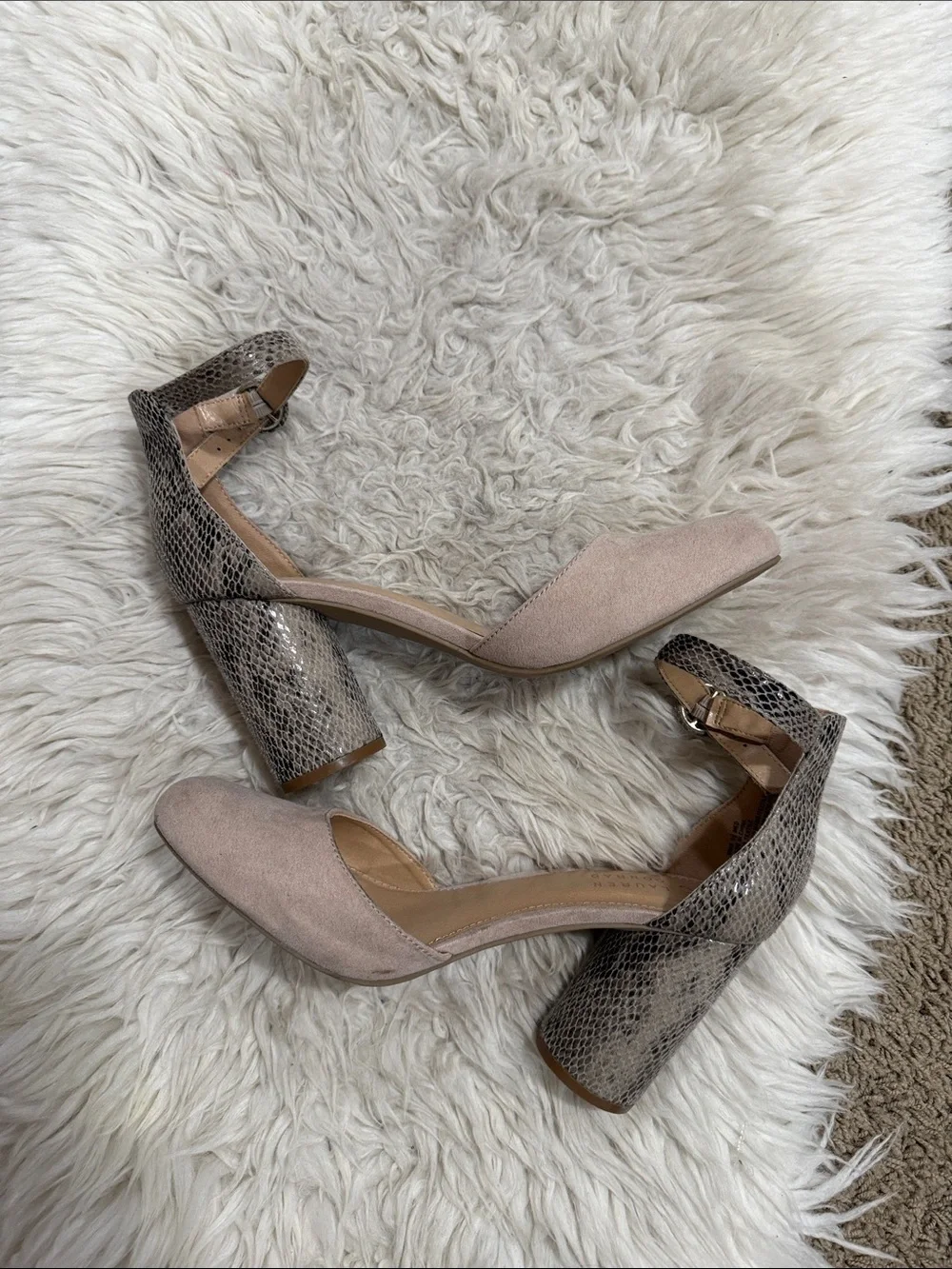 LC Lauren Conrad LC Beige snakeskin‎ print ankle strap block heels Size 9.5